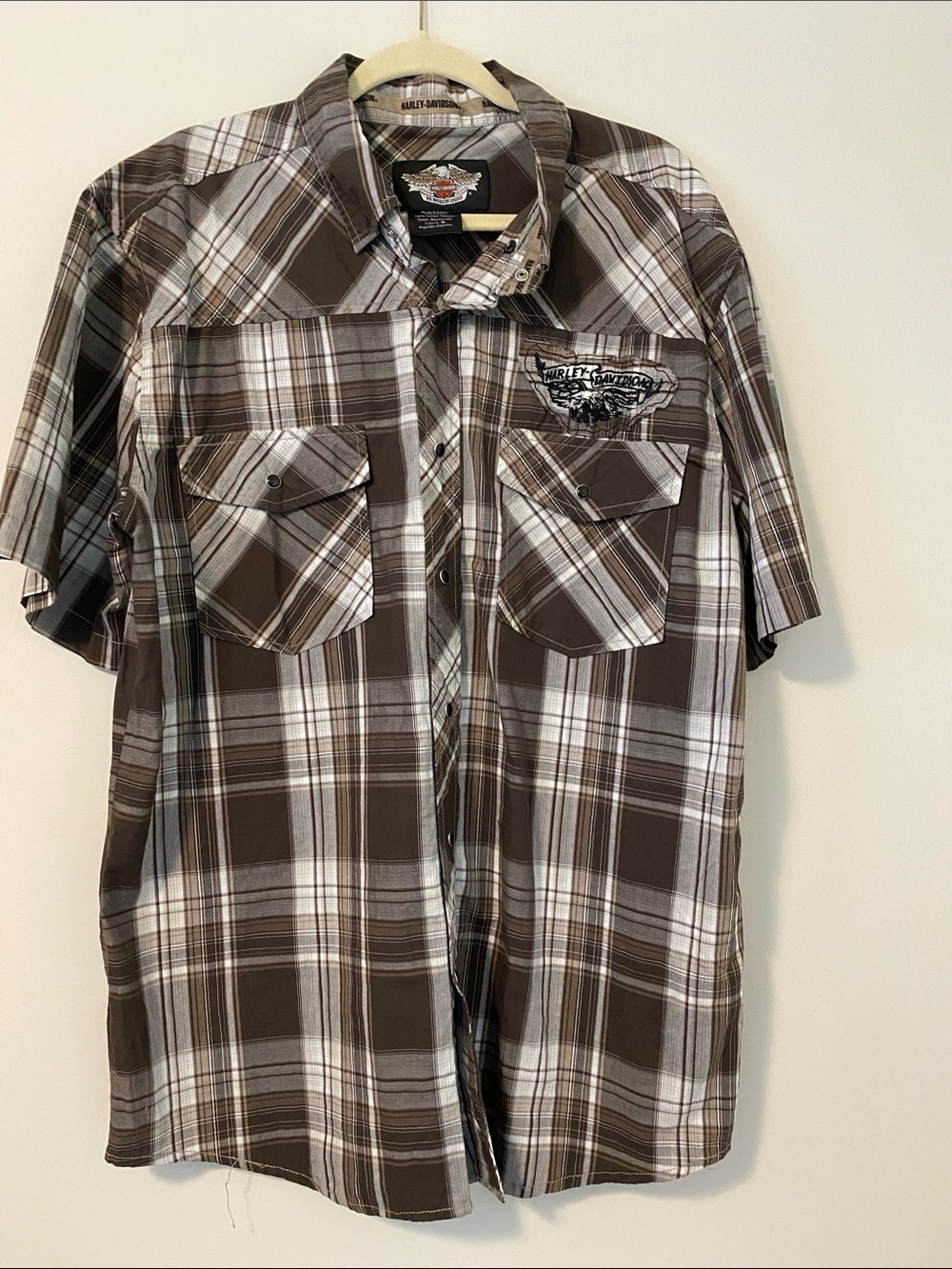 Harley-Davidson Men’s Brown and White Plaid Short-Sleeve Button-Down Shirt